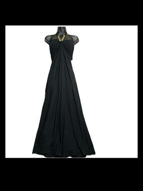 SOLD Top black halter maxi dress gold hardware ruched minimal chic vacation M